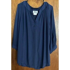 N Touch Navy Blue Sheer Shirt Blouse Sz 1X Tunic Top Button Sleeves V Neck